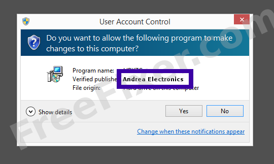 Screenshot where Andrea Electronics appears as the verified publisher in the UAC dialog